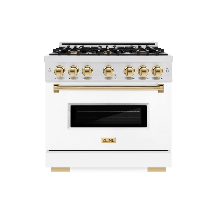 ZLINE Autograph Edition 36 in. 5.2 cu. ft. Classic Dual Fuel Range with 6 Burner Gas Cooktop and Electric Convection Oven in Satin Stainless Steel with White Matte Door and Polished Gold Accents (CDRSZ-WM-36-G)