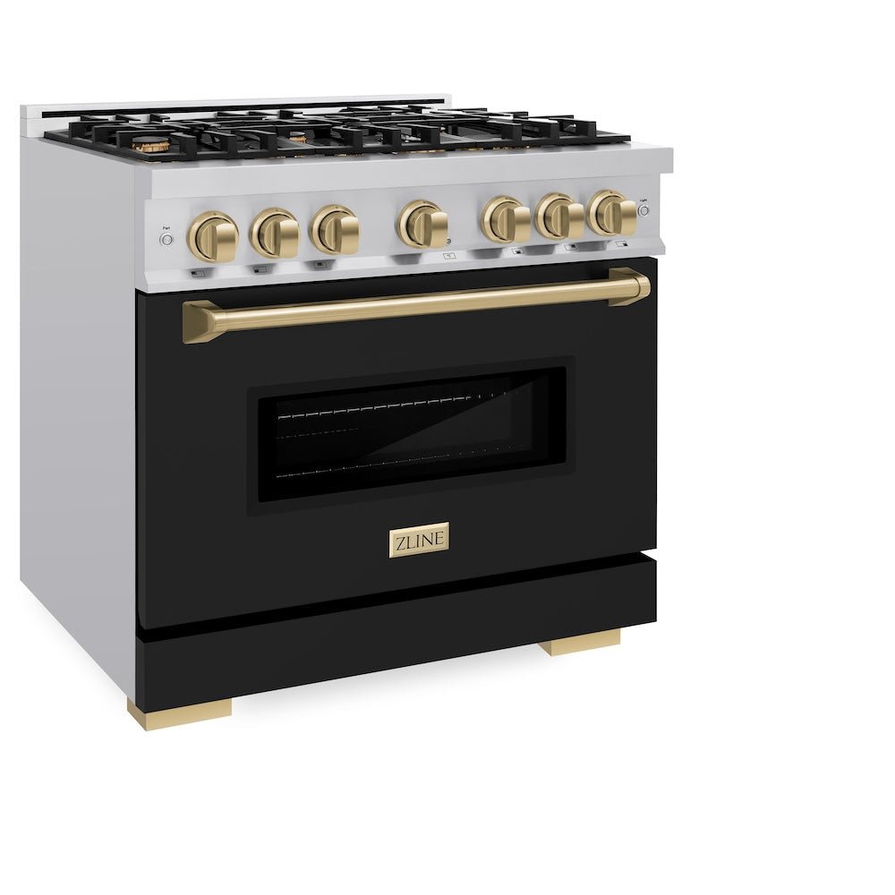 ZLINE Autograph Edition 36 in. 5.2 cu. ft. Classic Dual Fuel Range with 6 Burner Gas Cooktop and Electric Convection Oven in Stainless Steel with Black Matte Door and Champagne Bronze Accents (CDRZ-BLM-36-CB)
