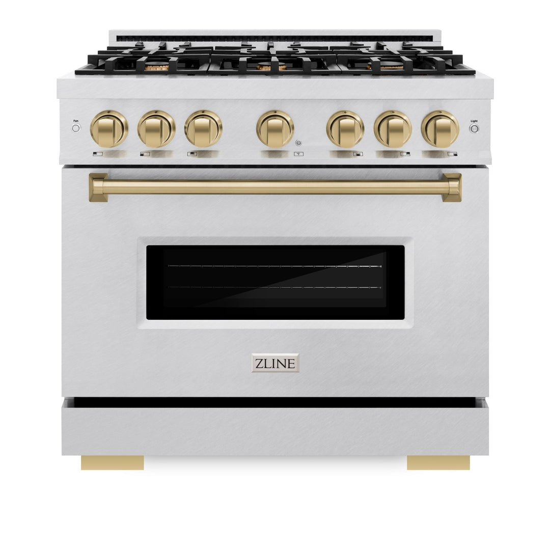 ZLINE Autograph Edition 36 in. 5.2 cu. ft. Classic Gas Range with 6 Burner Cooktop and Convection Gas Oven in Satin Stainless Steel and Champagne Bronze Accents (CGRSZ-36-CB)