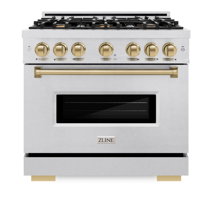 ZLINE Autograph Edition 36 in. 5.2 cu. ft. Classic Gas Range with 6 Burner Cooktop and Convection Gas Oven in Satin Stainless Steel and Champagne Bronze Accents (CGRSZ-36-CB)