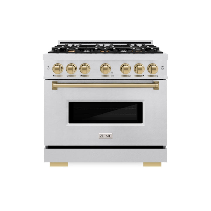 ZLINE Autograph Edition 36 in. 5.2 cu. ft. Classic Gas Range with 6 Burner Cooktop and Convection Gas Oven in Satin Stainless Steel and Champagne Bronze Accents (CGRSZ-36-CB)