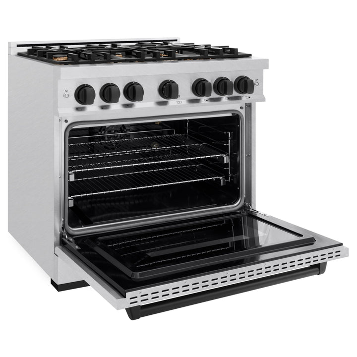 ZLINE Autograph Edition 36 in. 5.2 cu. ft. Classic Gas Range with 6 Burner Cooktop and Convection Gas Oven in Satin Stainless Steel and Matte Black Accents (CGRSZ-36-MB)