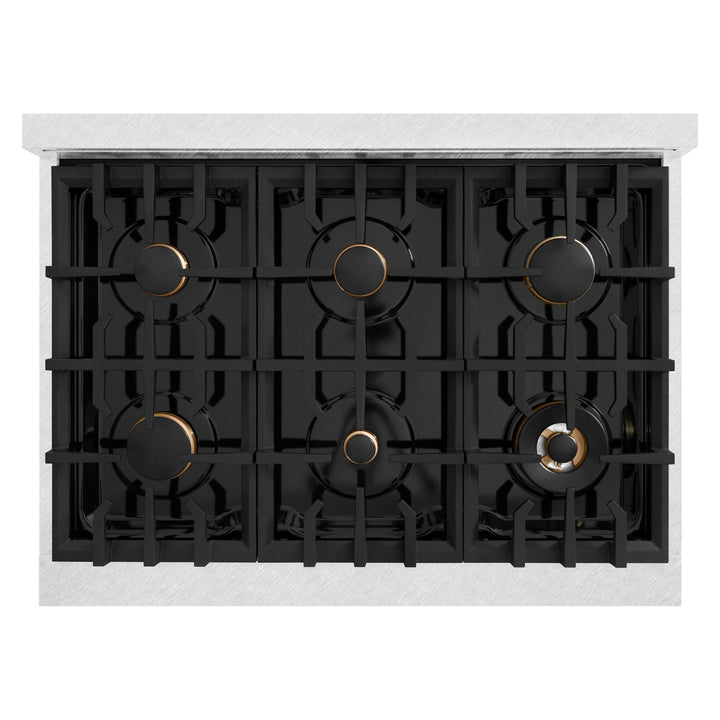 ZLINE Autograph Edition 36 in. 5.2 cu. ft. Classic Gas Range with 6 Burner Cooktop and Convection Gas Oven in Satin Stainless Steel and Polished Gold Accents (CGRSZ-36-G)