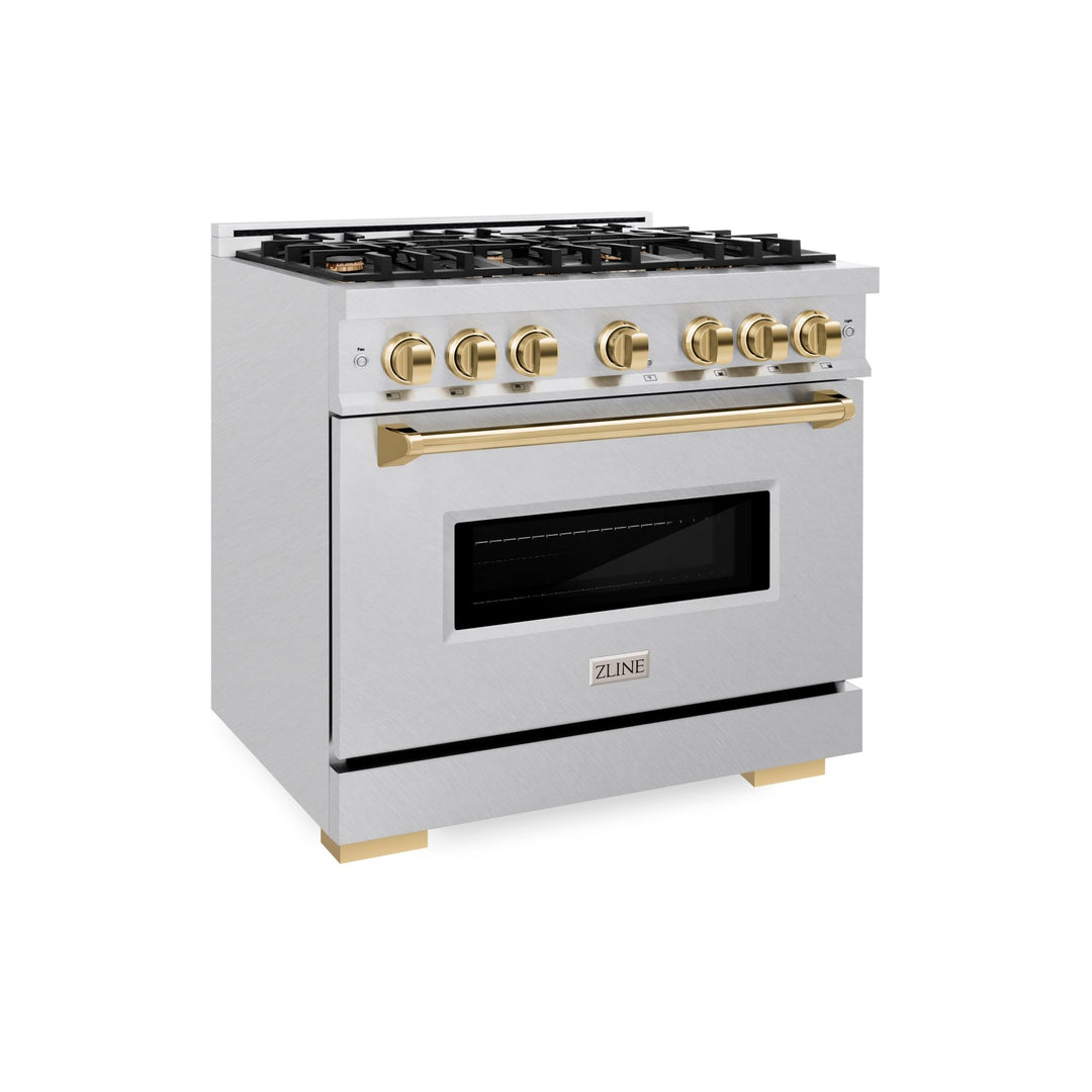 ZLINE Autograph Edition 36 in. 5.2 cu. ft. Classic Gas Range with 6 Burner Cooktop and Convection Gas Oven in Satin Stainless Steel and Polished Gold Accents (CGRSZ-36-G)
