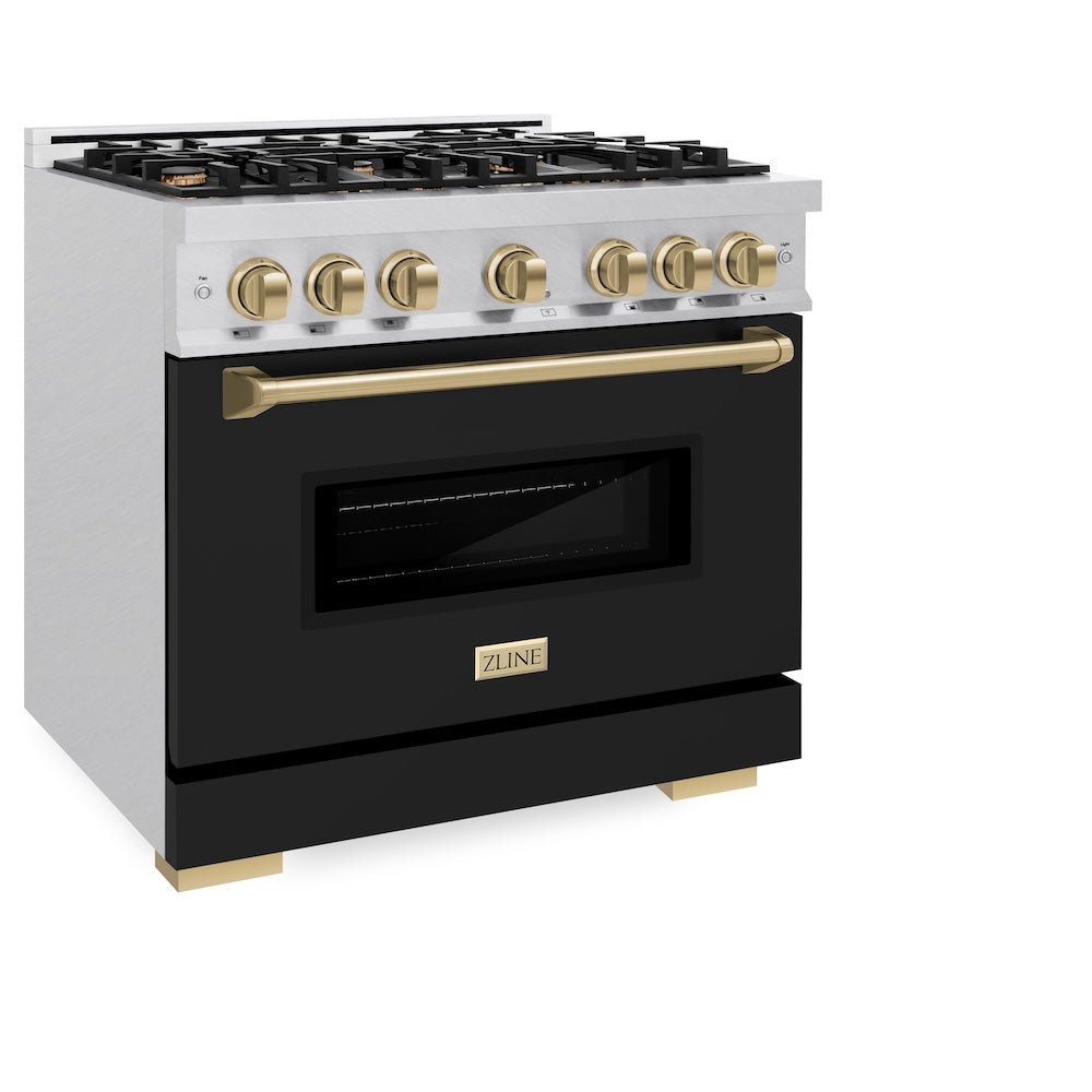 ZLINE Autograph Edition 36 in. 5.2 cu. ft. Classic Gas Range with 6 Burner Cooktop and Convection Gas Oven in Satin Stainless Steel with Black Matte Door and Champagne Bronze Accents (CGRSZ-BLM-36-CB)