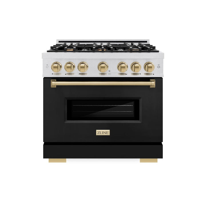 ZLINE Autograph Edition 36 in. 5.2 cu. ft. Classic Gas Range with 6 Burner Cooktop and Convection Gas Oven in Satin Stainless Steel with Black Matte Door and Champagne Bronze Accents (CGRSZ-BLM-36-CB)