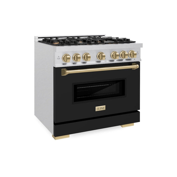 ZLINE Autograph Edition 36 in. 5.2 cu. ft. Classic Gas Range with 6 Burner Cooktop and Convection Gas Oven in Satin Stainless Steel with Black Matte Door and Champagne Bronze Accents (CGRSZ-BLM-36-CB)