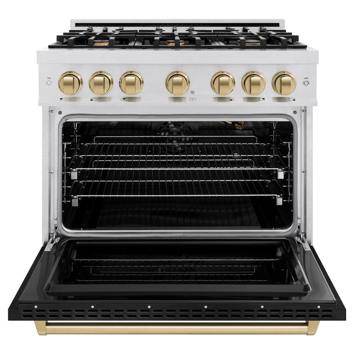 ZLINE Autograph Edition 36 in. 5.2 cu. ft. Classic Gas Range with 6 Burner Cooktop and Convection Gas Oven in Satin Stainless Steel with Black Matte Door and Champagne Bronze Accents (CGRSZ-BLM-36-CB)