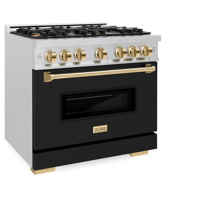 ZLINE Autograph Edition 36 in. 5.2 cu. ft. Classic Gas Range with 6 Burner Cooktop and Convection Gas Oven in Satin Stainless Steel with Black Matte Door and Polished Gold Accents (CGRSZ-BLM-36-G)