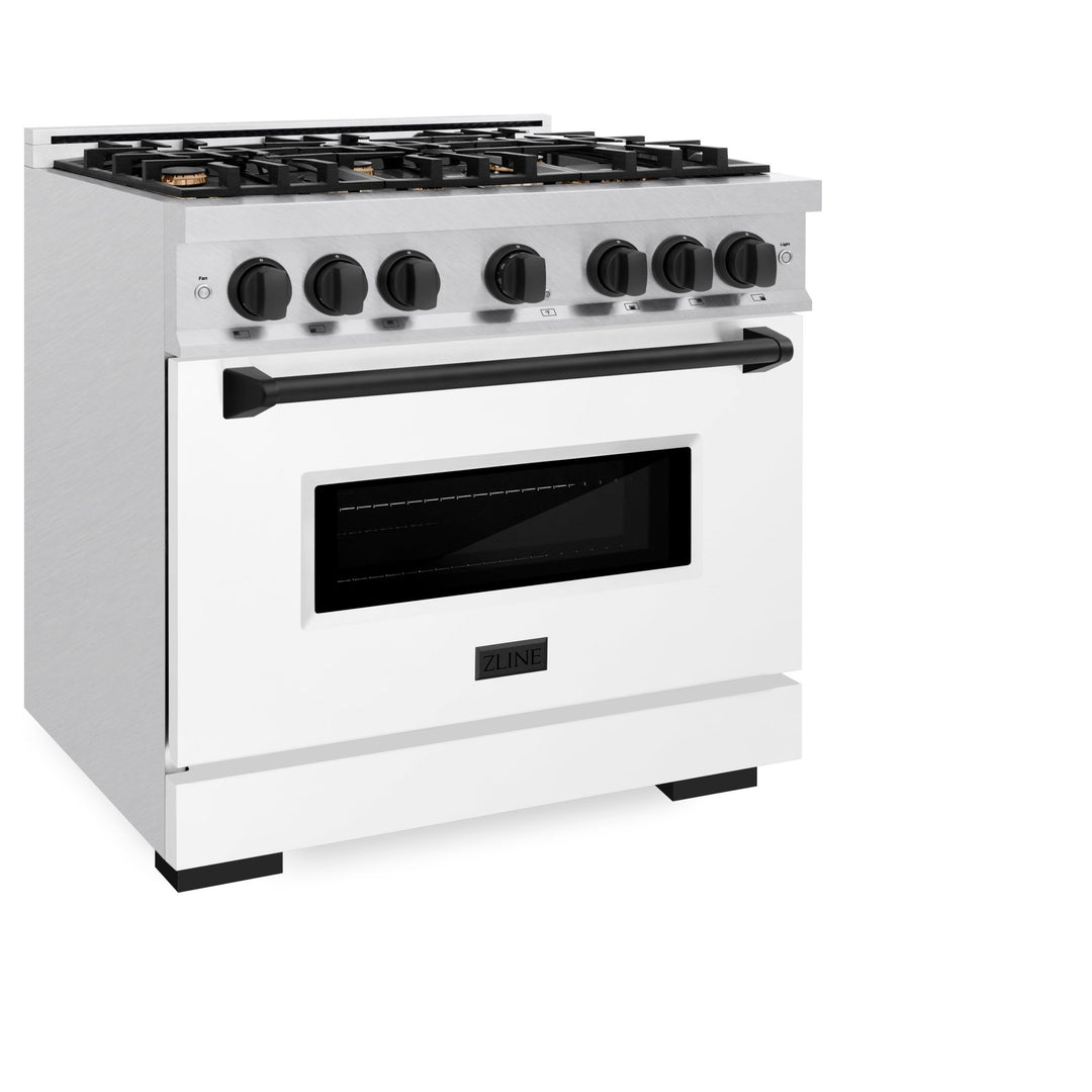 ZLINE Autograph Edition 36 in. 5.2 cu. ft. Classic Gas Range with 6 Burner Cooktop and Convection Gas Oven in Satin Stainless Steel with White Matte Door and Matte Black Accents (CGRSZ-WM-36-MB)