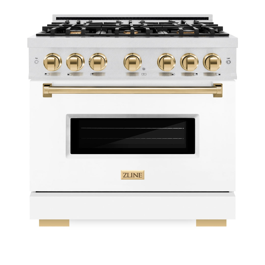 ZLINE Autograph Edition 36 in. 5.2 cu. ft. Classic Gas Range with 6 Burner Cooktop and Convection Gas Oven in Satin Stainless Steel with White Matte Door and Polished Gold Accents (CGRSZ-WM-36-G)