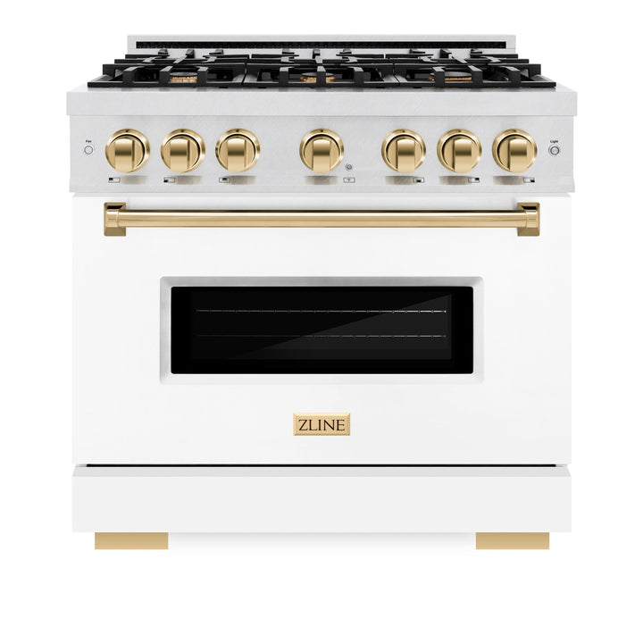 ZLINE Autograph Edition 36 in. 5.2 cu. ft. Classic Gas Range with 6 Burner Cooktop and Convection Gas Oven in Satin Stainless Steel with White Matte Door and Polished Gold Accents (CGRSZ-WM-36-G)