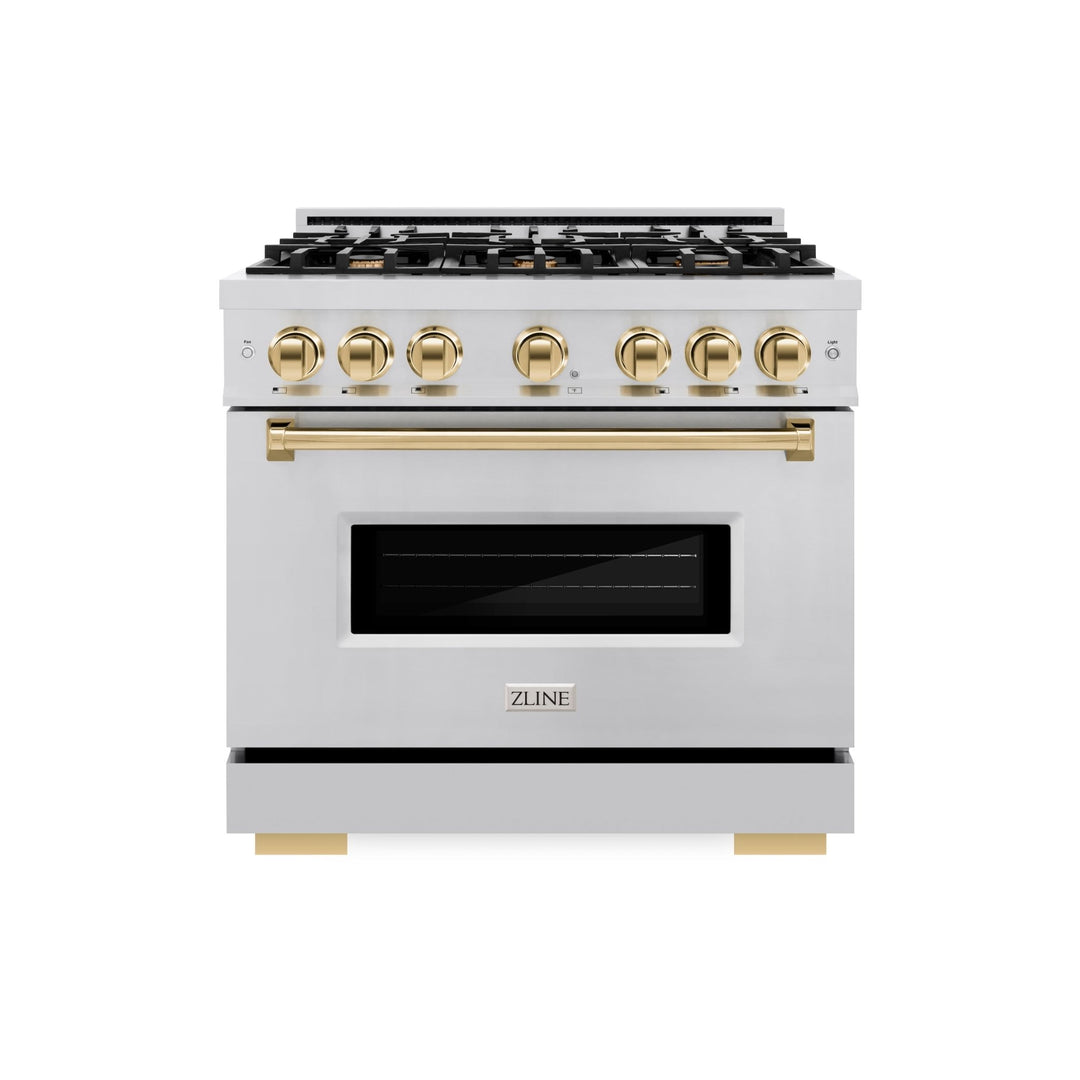 ZLINE Autograph Edition 36 in. 5.2 cu. ft. Classic Gas Range with 6 Burner Cooktop and Convection Gas Oven in Stainless Steel and Polished Gold Accents (CGRZ-36-G)