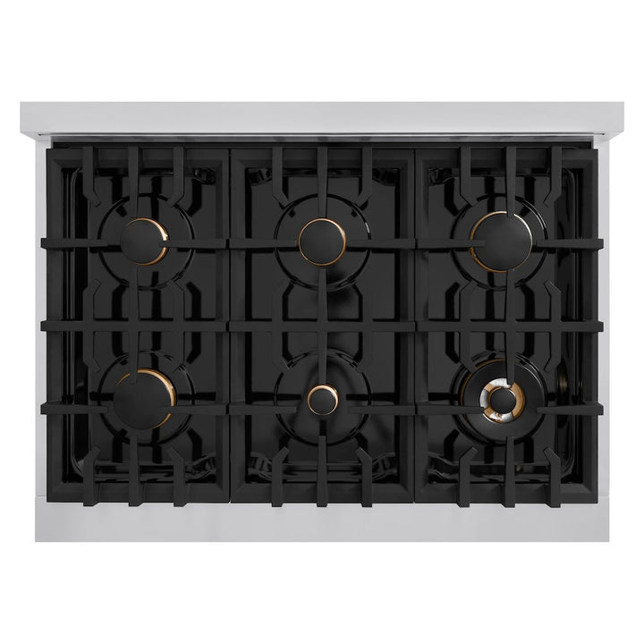 ZLINE Autograph Edition 36 in. 5.2 cu. ft. Classic Gas Range with 6 Burner Cooktop and Convection Gas Oven in Stainless Steel with Black Matte Door and Polished Gold Accents (CGRZ-BLM-36-G)