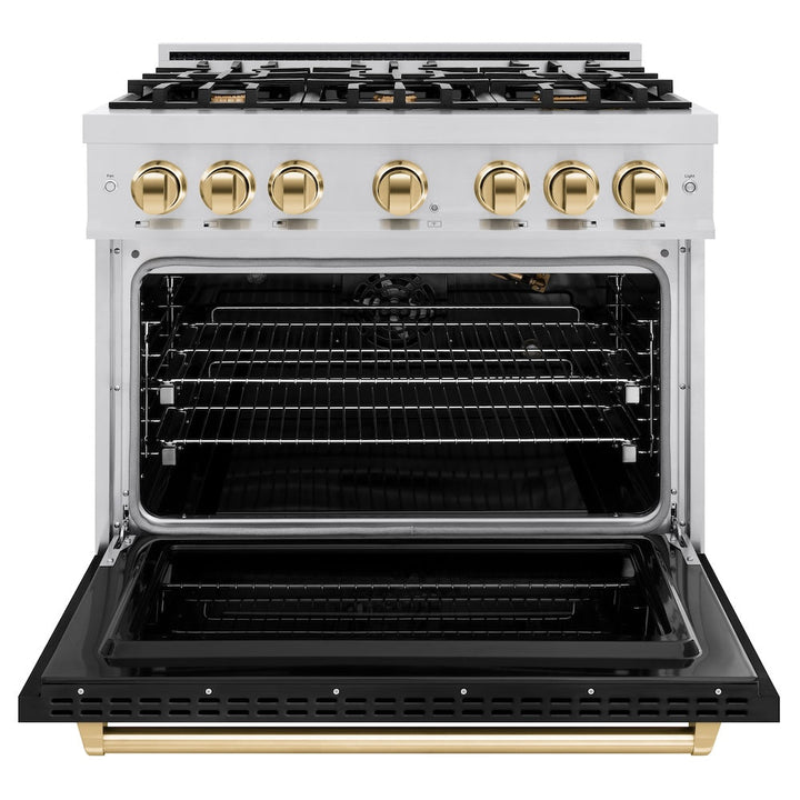 ZLINE Autograph Edition 36 in. 5.2 cu. ft. Classic Gas Range with 6 Burner Cooktop and Convection Gas Oven in Stainless Steel with Black Matte Door and Polished Gold Accents (CGRZ-BLM-36-G)