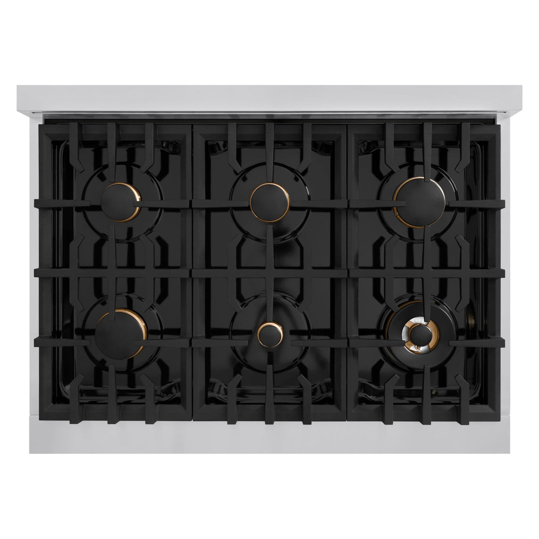 ZLINE Autograph Edition 36 in. 5.2 cu. ft. Classic Gas Range with 6 Burner Cooktop and Convection Gas Oven in Stainless Steel with White Matte Door and Polished Gold Accents (CGRZ-WM-36-G)