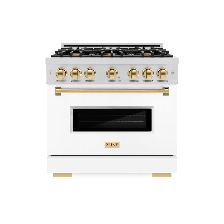 ZLINE Autograph Edition 36 in. 5.2 cu. ft. Classic Gas Range with 6 Burner Cooktop and Convection Gas Oven in Stainless Steel with White Matte Door and Polished Gold Accents (CGRZ-WM-36-G)
