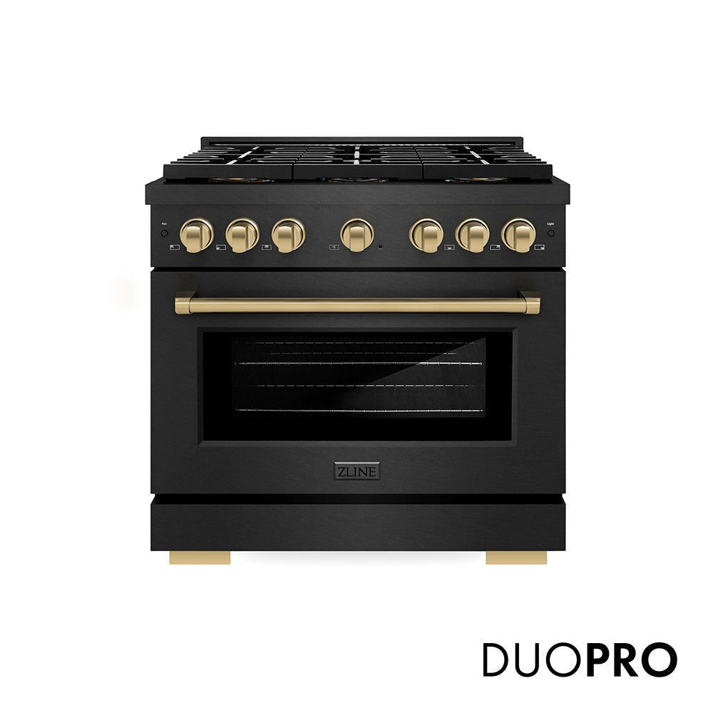 ZLINE Autograph Edition 36 in. 5.2 cu. ft. Paramount Dual Fuel Range with 6 Burner DuoProâ„¢ Cooktop and Electric Convection Oven in Black Satin Stainless Steel and Champagne Bronze Accents (PSDRBSZ-36-CB)