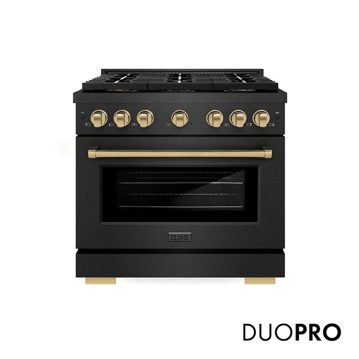ZLINE Autograph Edition 36 in. 5.2 cu. ft. Paramount Dual Fuel Range with 6 Burner DuoProâ„¢ Cooktop and Electric Convection Oven in Black Satin Stainless Steel and Champagne Bronze Accents (PSDRBSZ-36-CB)