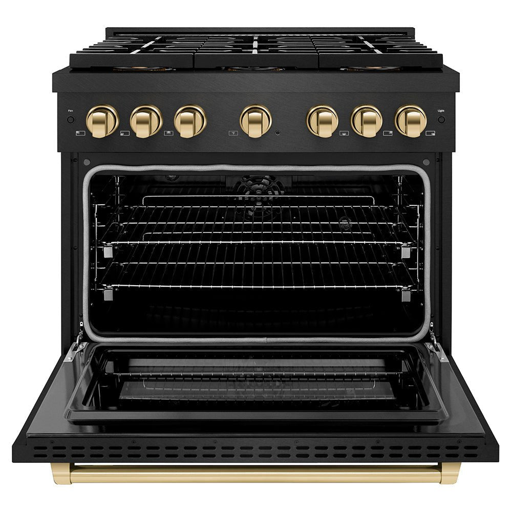 ZLINE Autograph Edition 36 in. 5.2 cu. ft. Paramount Dual Fuel Range with 6 Burner DuoProâ„¢ Cooktop and Electric Convection Oven in Black Satin Stainless Steel and Polished Gold Accents (PSDRBSZ-36-G)