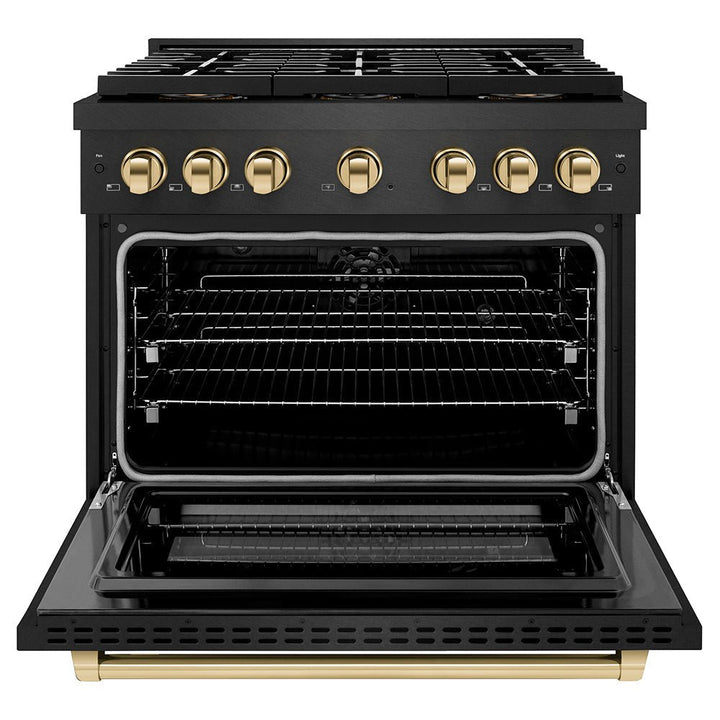 ZLINE Autograph Edition 36 in. 5.2 cu. ft. Paramount Dual Fuel Range with 6 Burner DuoProâ„¢ Cooktop and Electric Convection Oven in Black Satin Stainless Steel and Polished Gold Accents (PSDRBSZ-36-G)
