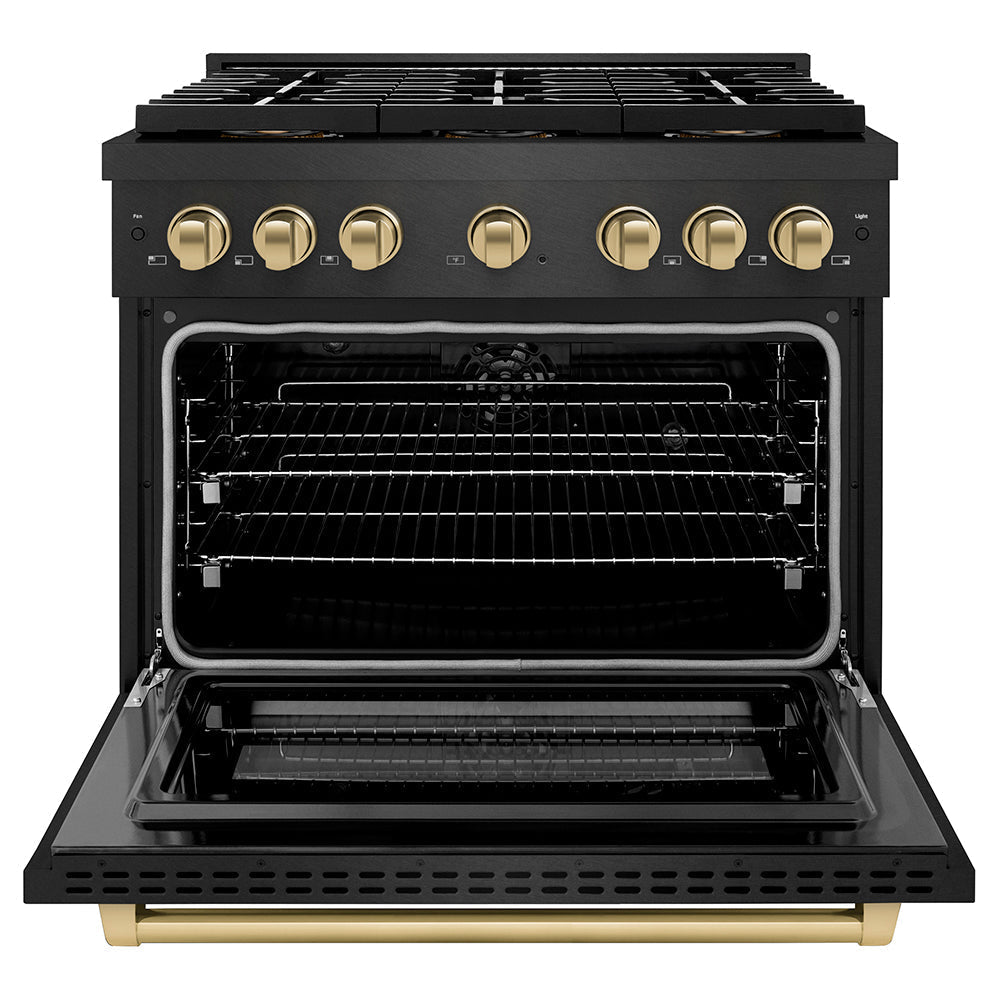 ZLINE Autograph Edition 36 in. 5.2 cu. ft. Paramount Dual Fuel Range with 6 Burner DuoProâ„¢ Cooktop and Electric Convection Oven in Black Satin Stainless Steel and Champagne Bronze Accents (PSDRBSZ-36-CB)
