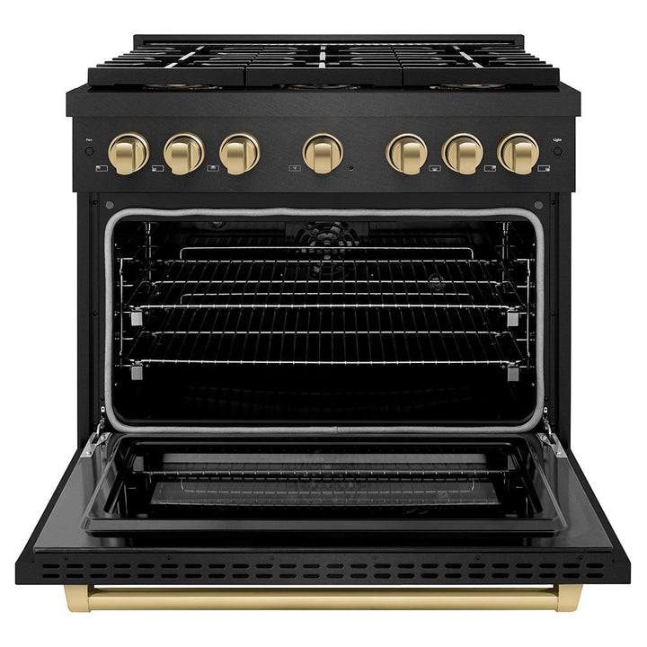 ZLINE Autograph Edition 36 in. 5.2 cu. ft. Paramount Dual Fuel Range with 6 Burner DuoProâ„¢ Cooktop and Electric Convection Oven in Black Satin Stainless Steel and Champagne Bronze Accents (PSDRBSZ-36-CB)