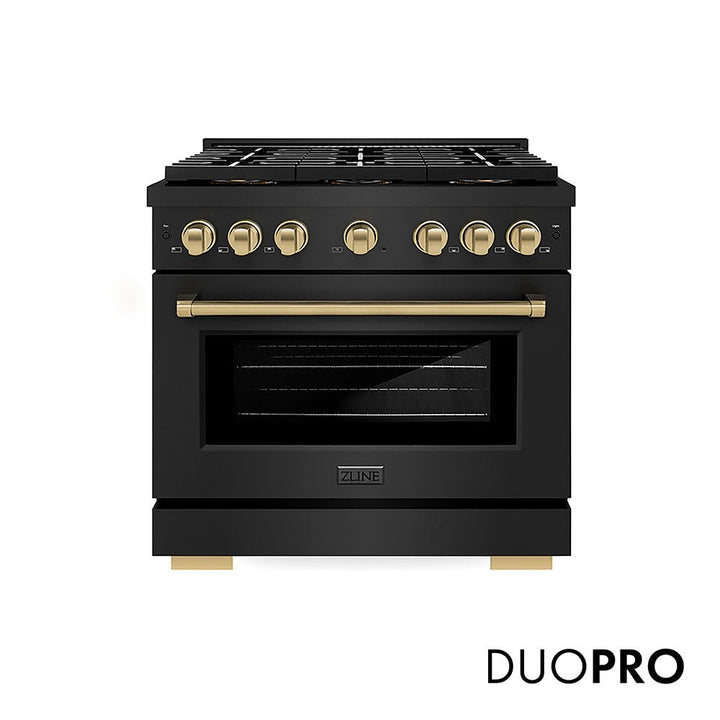 ZLINE Autograph Edition 36 in. 5.2 cu. ft. Paramount Dual Fuel Range with 6 Burner DuoProâ„¢ Cooktop and Electric Convection Oven in Black Stainless Steel and Champagne Bronze Accents (PSDRBZ-36-CB)