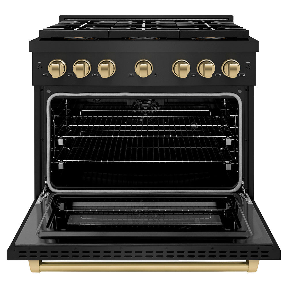 ZLINE Autograph Edition 36 in. 5.2 cu. ft. Paramount Dual Fuel Range with 6 Burner DuoProâ„¢ Cooktop and Electric Convection Oven in Black Stainless Steel and Champagne Bronze Accents (PSDRBZ-36-CB)