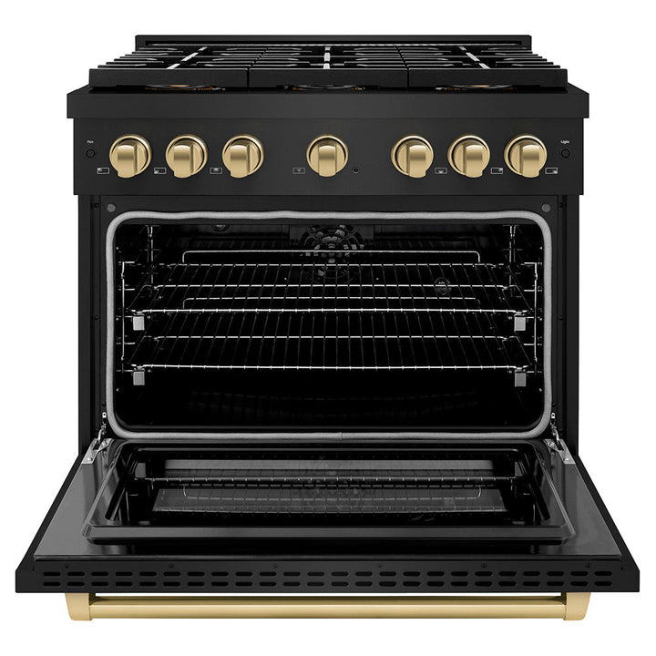 ZLINE Autograph Edition 36 in. 5.2 cu. ft. Paramount Dual Fuel Range with 6 Burner DuoProâ„¢ Cooktop and Electric Convection Oven in Black Stainless Steel and Champagne Bronze Accents (PSDRBZ-36-CB)