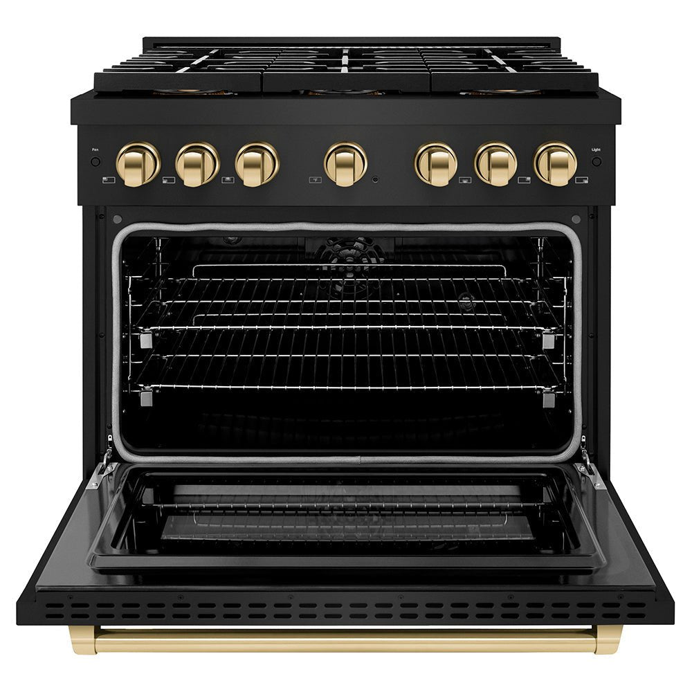ZLINE Autograph Edition 36 in. 5.2 cu. ft. Paramount Dual Fuel Range with 6 Burner DuoProâ„¢ Cooktop and Electric Convection Oven in Black Stainless Steel and Polished Gold Accents (PSDRBZ-36-G)