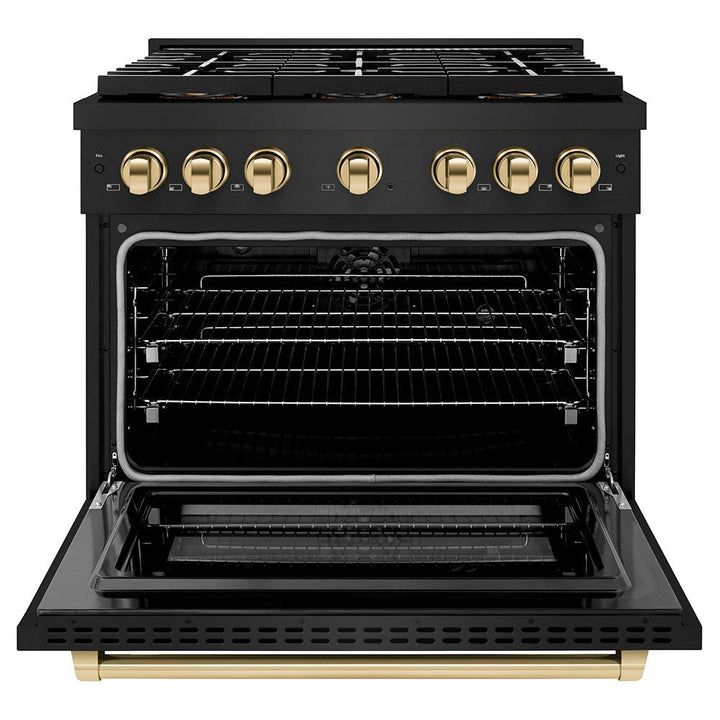 ZLINE Autograph Edition 36 in. 5.2 cu. ft. Paramount Dual Fuel Range with 6 Burner DuoProâ„¢ Cooktop and Electric Convection Oven in Black Stainless Steel and Polished Gold Accents (PSDRBZ-36-G)