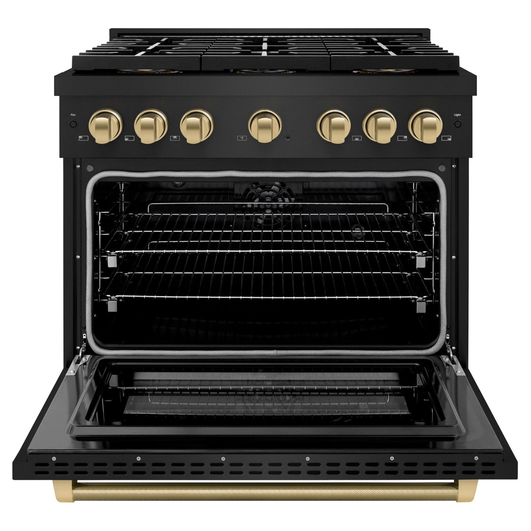 ZLINE Autograph Edition 36 in. 5.2 cu. ft. Paramount Dual Fuel Range with 6 Burner DuoProâ„¢ Cooktop and Electric Convection Oven in Black Stainless Steel with Champagne Bronze Helix Handle and Accents (PSDRBZ-36-KCB)