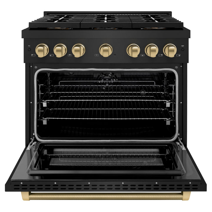 ZLINE Autograph Edition 36 in. 5.2 cu. ft. Paramount Dual Fuel Range with 6 Burner DuoProâ„¢ Cooktop and Electric Convection Oven in Black Stainless Steel with Champagne Bronze Helix Handle and Accents (PSDRBZ-36-KCB)