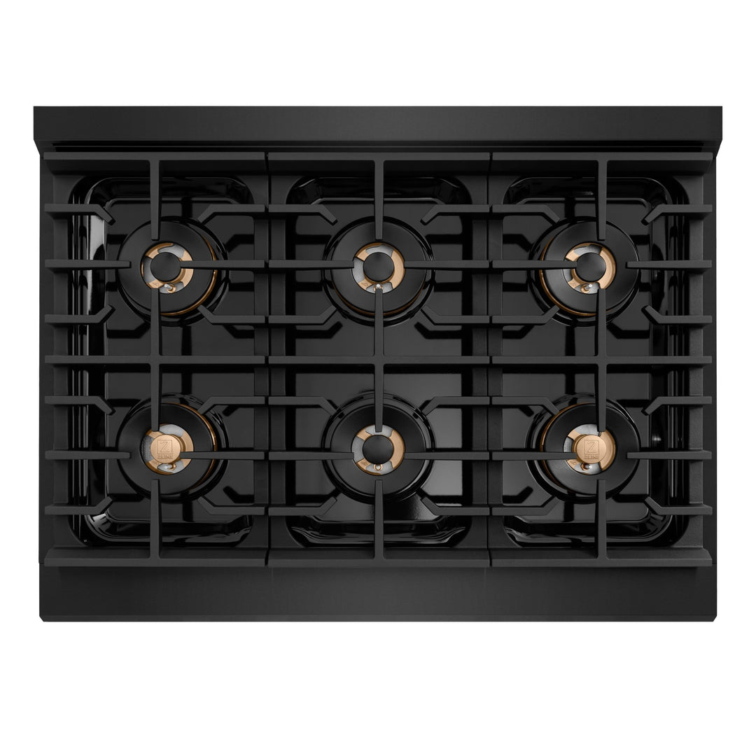 ZLINE Autograph Edition 36 in. 5.2 cu. ft. Paramount Dual Fuel Range with 6 Burner DuoProâ„¢ Cooktop and Electric Convection Oven in Black Stainless Steel with Champagne Bronze Helix Handle and Accents (PSDRBZ-36-KCB)
