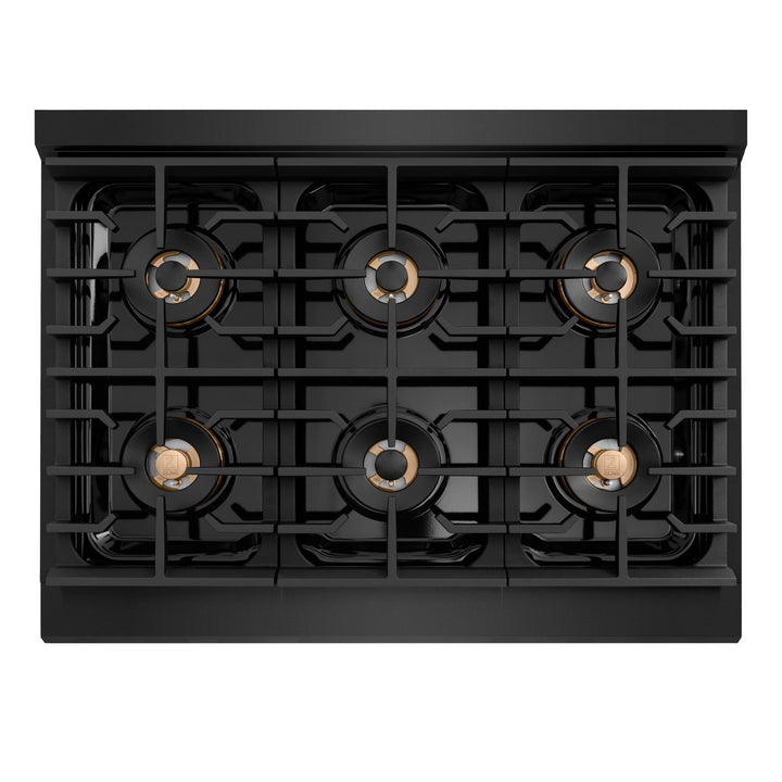 ZLINE Autograph Edition 36 in. 5.2 cu. ft. Paramount Dual Fuel Range with 6 Burner DuoProâ„¢ Cooktop and Electric Convection Oven in Black Stainless Steel with Champagne Bronze Helix Handle and Accents (PSDRBZ-36-KCB)