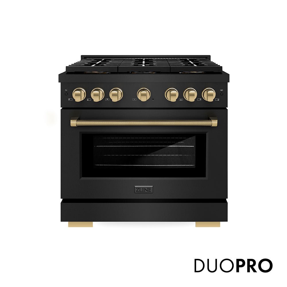 ZLINE Autograph Edition 36 in. 5.2 cu. ft. Paramount Dual Fuel Range with 6 Burner DuoProâ„¢ Cooktop and Electric Convection Oven in Black Stainless Steel with Champagne Bronze Helix Handle and Accents (PSDRBZ-36-KCB)