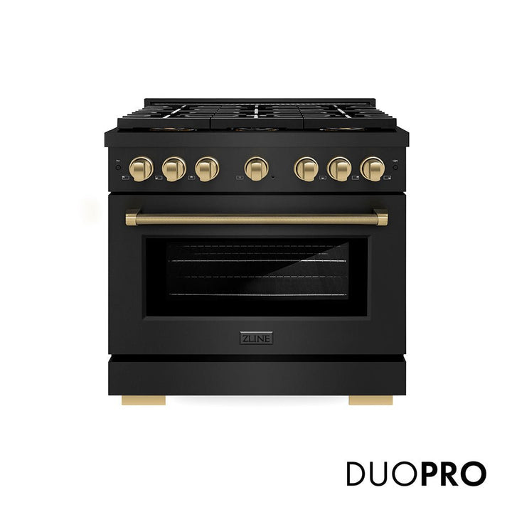 ZLINE Autograph Edition 36 in. 5.2 cu. ft. Paramount Dual Fuel Range with 6 Burner DuoProâ„¢ Cooktop and Electric Convection Oven in Black Stainless Steel with Champagne Bronze Helix Handle and Accents (PSDRBZ-36-KCB)