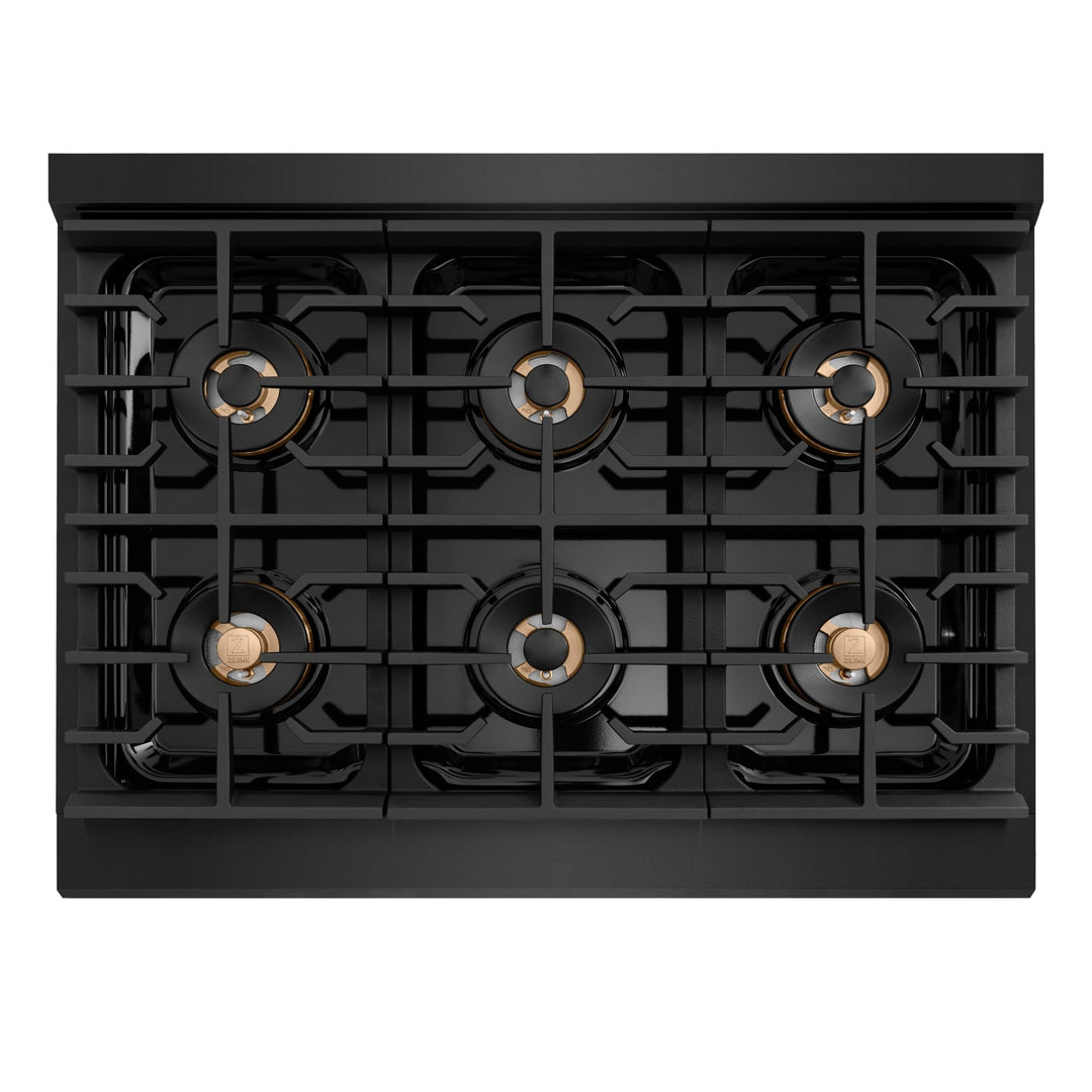 ZLINE Autograph Edition 36 in. 5.2 cu. ft. Paramount Dual Fuel Range with 6 Burner DuoProâ„¢ Cooktop and Electric Convection Oven in Black Stainless Steel with Polished Gold Helix Handle and Accents (PSDRBZ-36-KG)