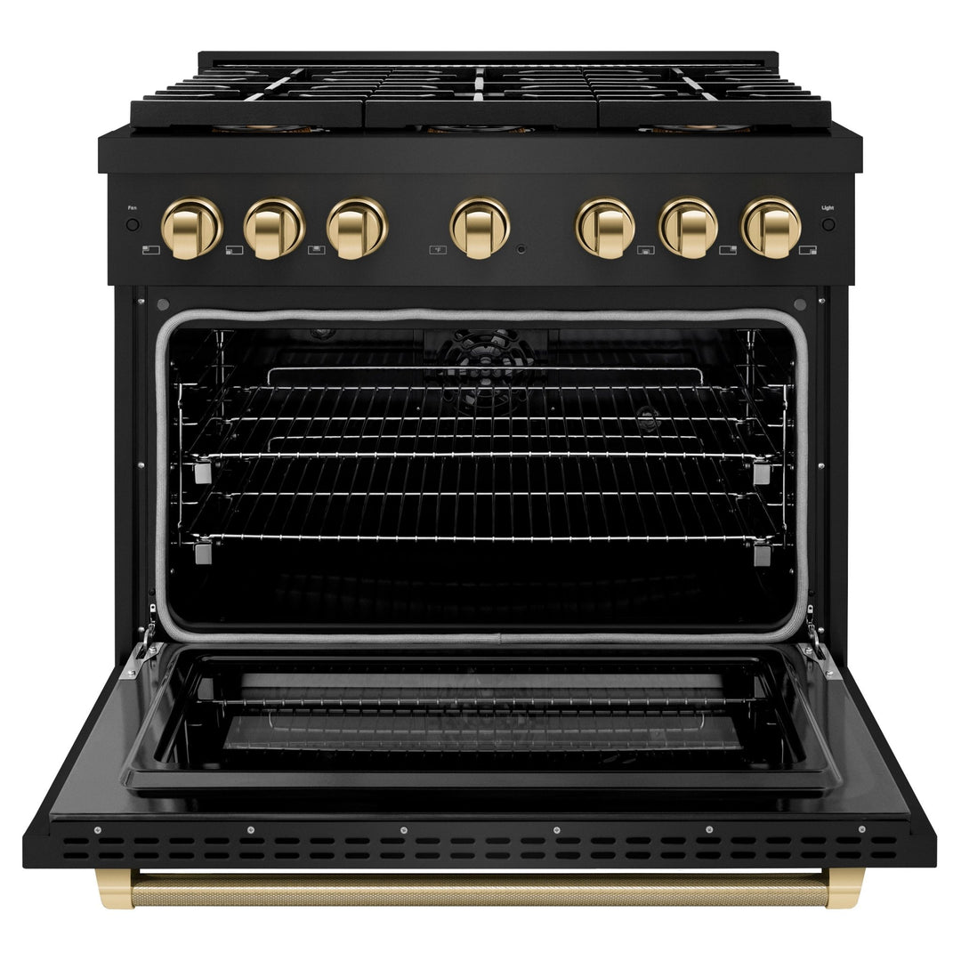 ZLINE Autograph Edition 36 in. 5.2 cu. ft. Paramount Dual Fuel Range with 6 Burner DuoProâ„¢ Cooktop and Electric Convection Oven in Black Stainless Steel with Polished Gold Helix Handle and Accents (PSDRBZ-36-KG)