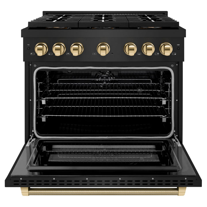 ZLINE Autograph Edition 36 in. 5.2 cu. ft. Paramount Dual Fuel Range with 6 Burner DuoProâ„¢ Cooktop and Electric Convection Oven in Black Stainless Steel with Polished Gold Helix Handle and Accents (PSDRBZ-36-KG)