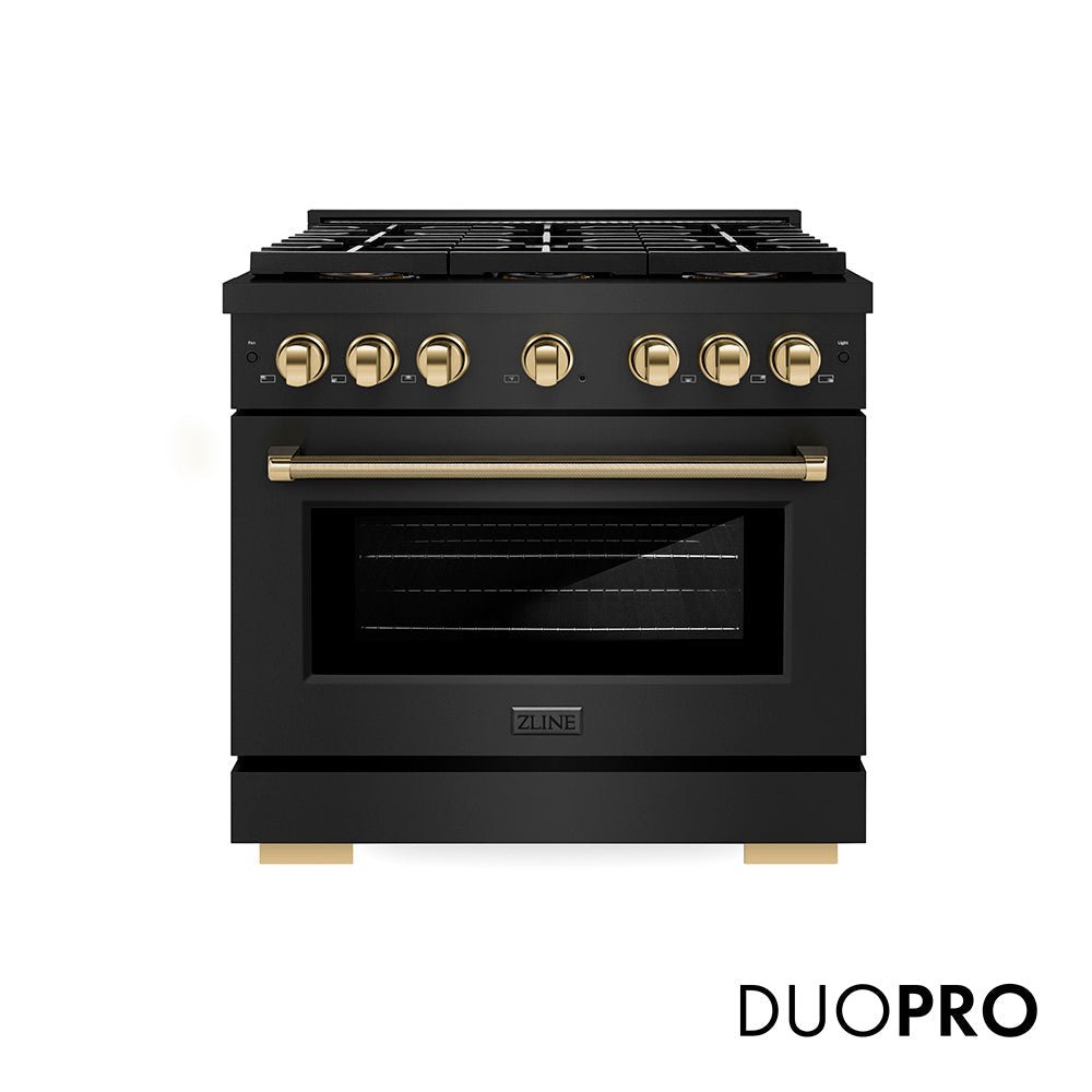 ZLINE Autograph Edition 36 in. 5.2 cu. ft. Paramount Dual Fuel Range with 6 Burner DuoProâ„¢ Cooktop and Electric Convection Oven in Black Stainless Steel with Polished Gold Helix Handle and Accents (PSDRBZ-36-KG)