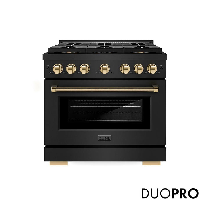 ZLINE Autograph Edition 36 in. 5.2 cu. ft. Paramount Dual Fuel Range with 6 Burner DuoProâ„¢ Cooktop and Electric Convection Oven in Black Stainless Steel with Polished Gold Helix Handle and Accents (PSDRBZ-36-KG)