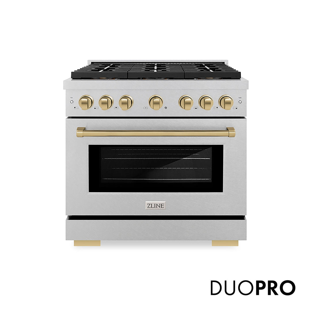 ZLINE Autograph Edition 36 in. 5.2 cu. ft. Paramount Dual Fuel Range with 6 Burner DuoProâ„¢ Cooktop and Electric Convection Oven in Satin Stainless Steel and Champagne Bronze Accents (PSDRSZ-36-CB)