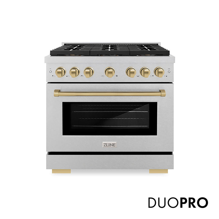 ZLINE Autograph Edition 36 in. 5.2 cu. ft. Paramount Dual Fuel Range with 6 Burner DuoProâ„¢ Cooktop and Electric Convection Oven in Satin Stainless Steel and Champagne Bronze Accents (PSDRSZ-36-CB)