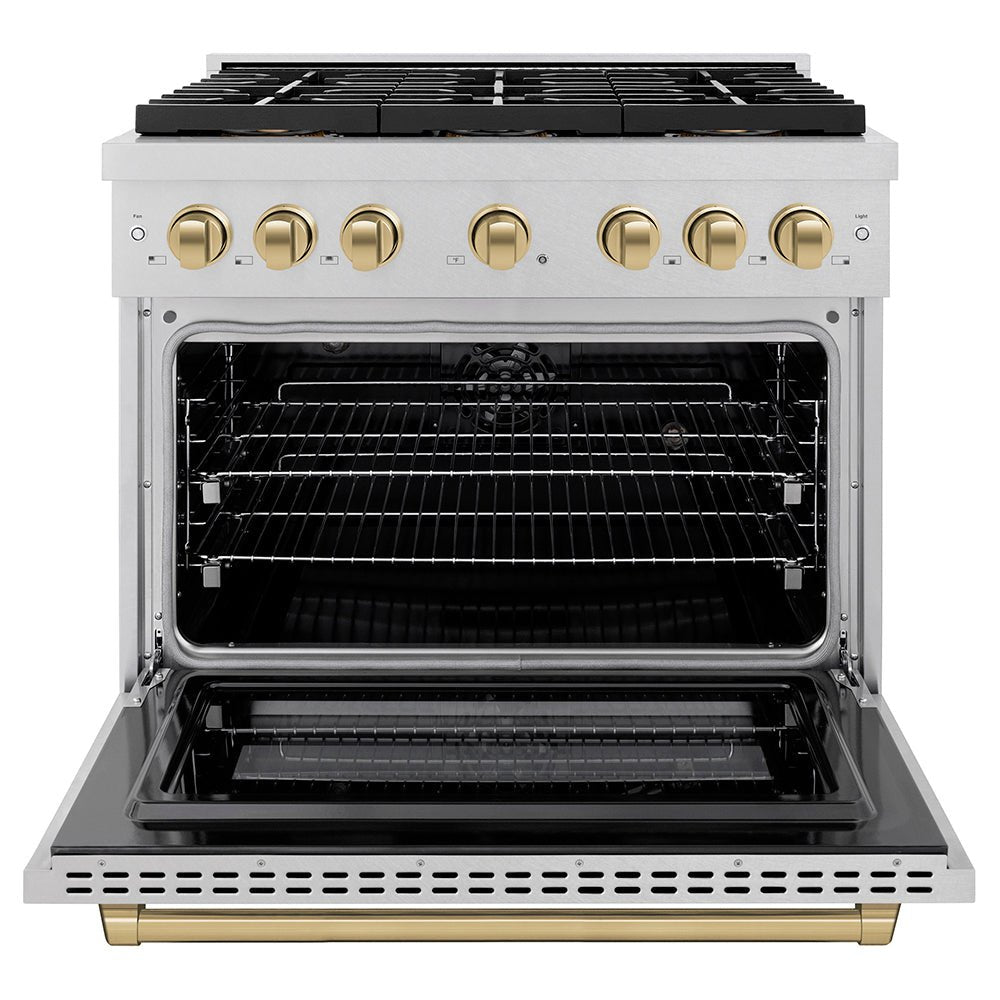 ZLINE Autograph Edition 36 in. 5.2 cu. ft. Paramount Dual Fuel Range with 6 Burner DuoProâ„¢ Cooktop and Electric Convection Oven in Satin Stainless Steel and Champagne Bronze Accents (PSDRSZ-36-CB)