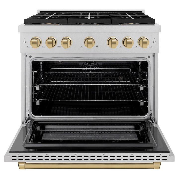 ZLINE Autograph Edition 36 in. 5.2 cu. ft. Paramount Dual Fuel Range with 6 Burner DuoProâ„¢ Cooktop and Electric Convection Oven in Satin Stainless Steel and Champagne Bronze Accents (PSDRSZ-36-CB)