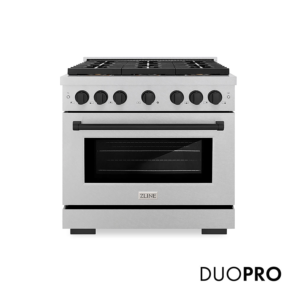ZLINE Autograph Edition 36 in. 5.2 cu. ft. Paramount Dual Fuel Range with 6 Burner DuoProâ„¢ Cooktop and Electric Convection Oven in Satin Stainless Steel and Matte Black Accents (PSDRSZ-36-MB)