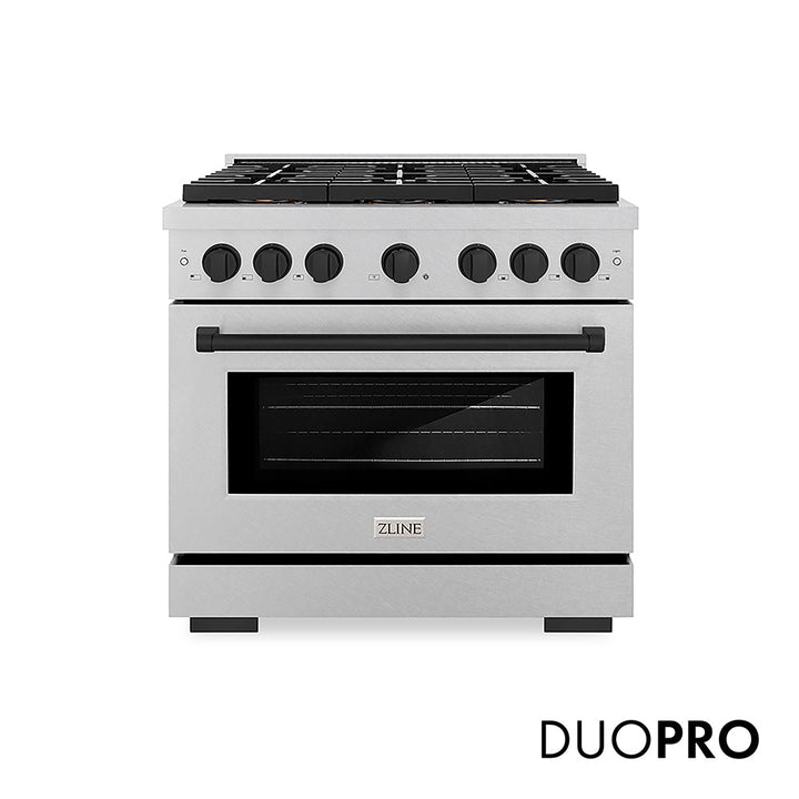 ZLINE Autograph Edition 36 in. 5.2 cu. ft. Paramount Dual Fuel Range with 6 Burner DuoProâ„¢ Cooktop and Electric Convection Oven in Satin Stainless Steel and Matte Black Accents (PSDRSZ-36-MB)