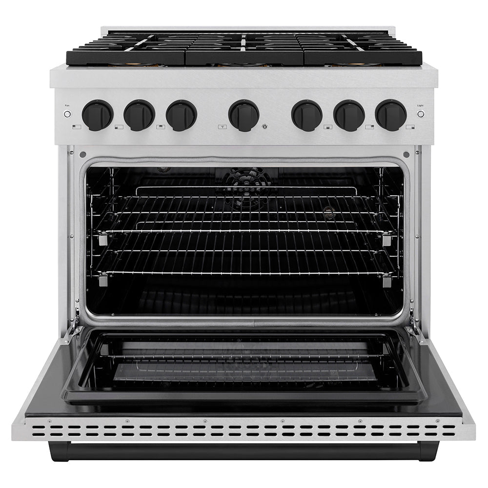 ZLINE Autograph Edition 36 in. 5.2 cu. ft. Paramount Dual Fuel Range with 6 Burner DuoProâ„¢ Cooktop and Electric Convection Oven in Satin Stainless Steel and Matte Black Accents (PSDRSZ-36-MB)